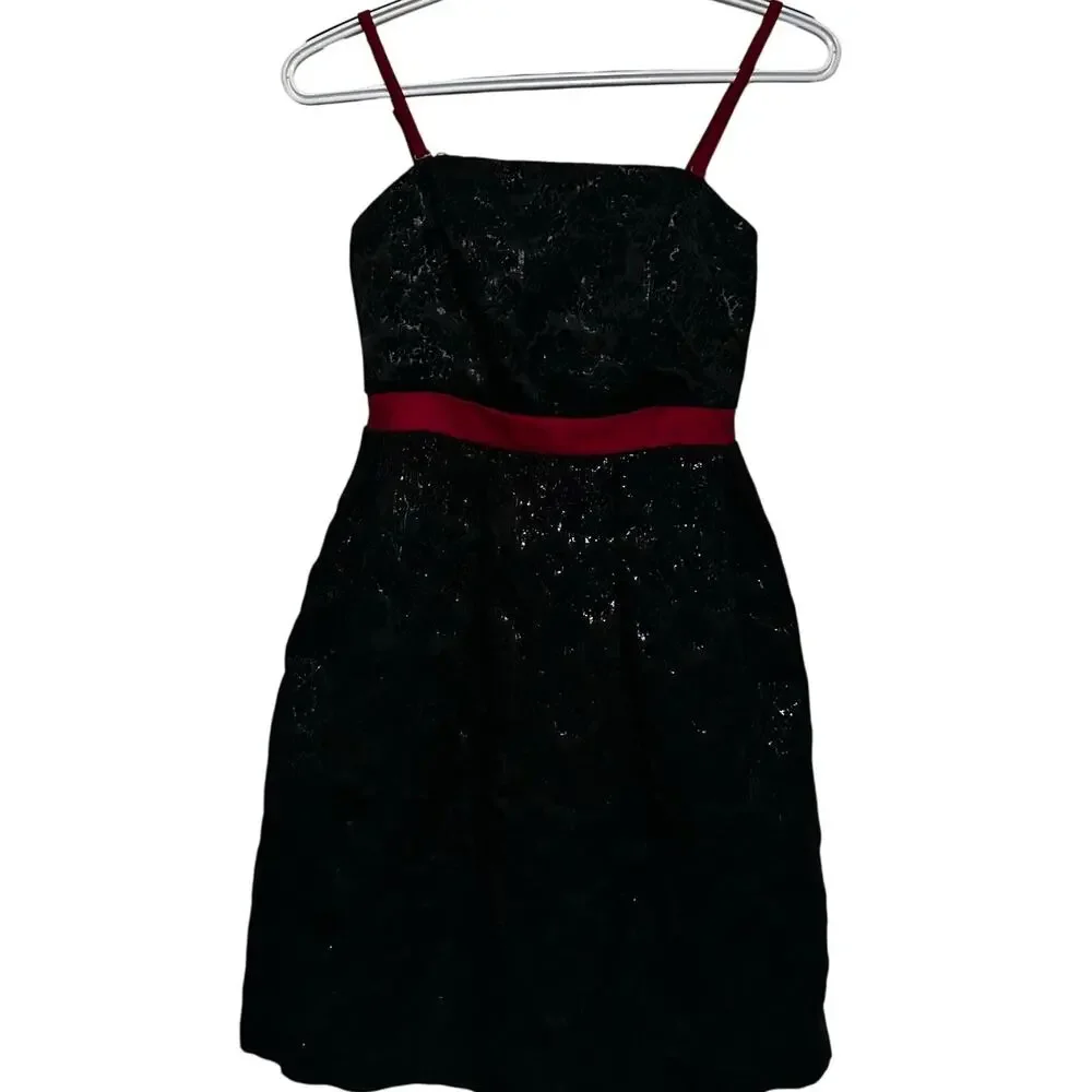 Eric + Lani Juniors‎ Black Shiny Dress Red Waist Band & Spaghetti Straps Size XS